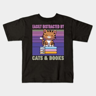 Easily Distracted by Cats and Books Funny Cat Lover Kids T-Shirt